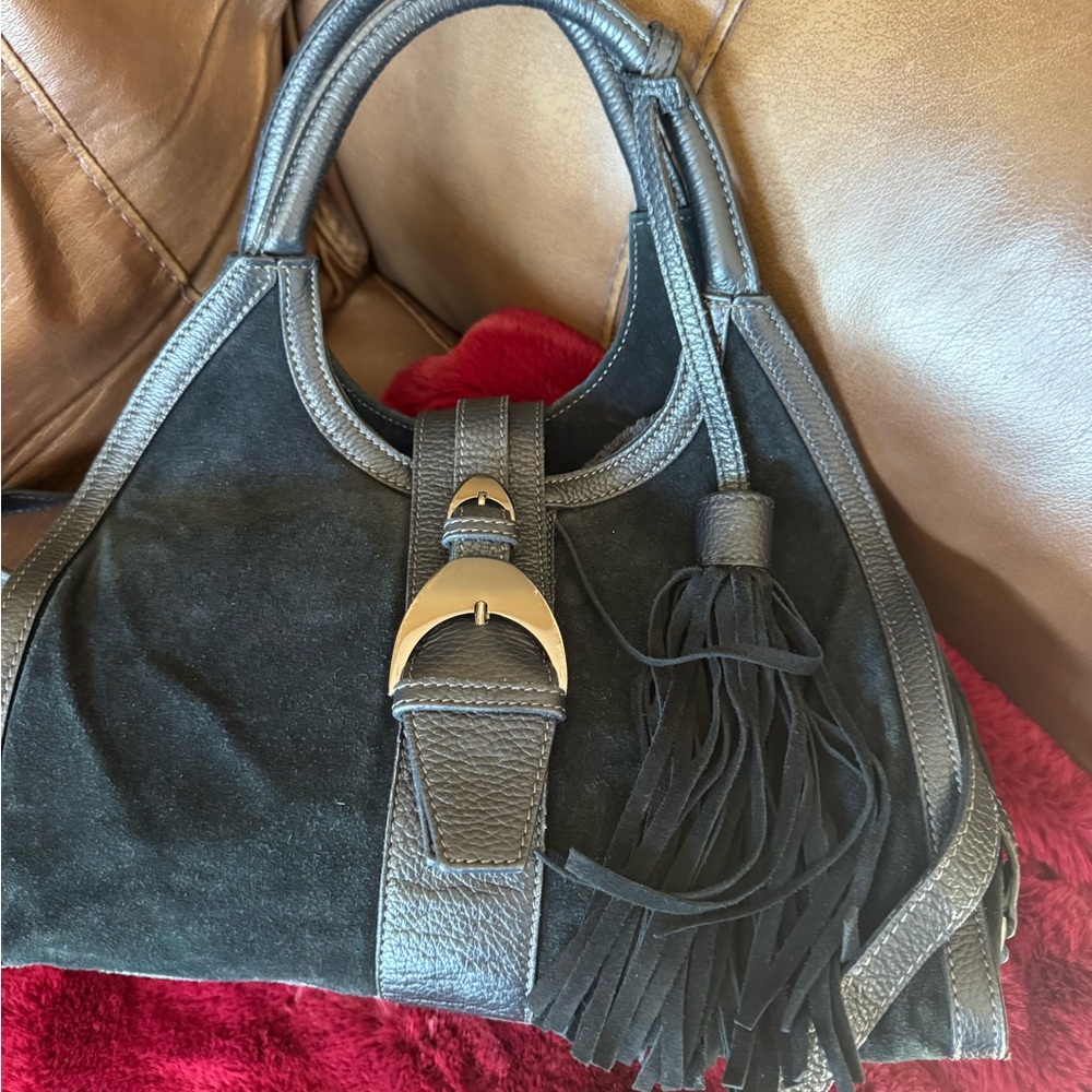 Black Shoulder Bag,Suede Finish, leather trim and Tassel Accent made in Italy